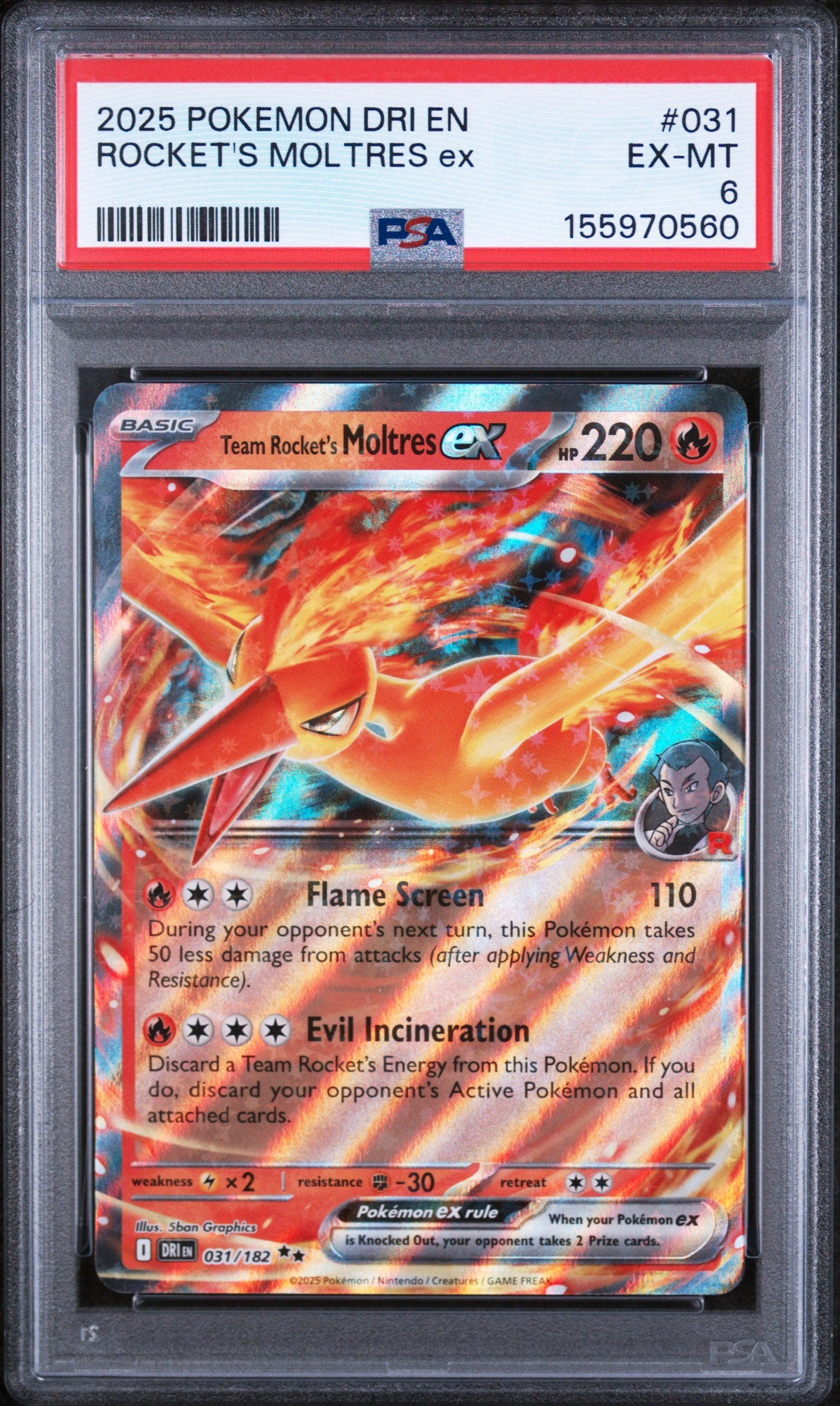 Graded 2025 Pokemon Dri En-Destined Rivals Rocket's Moltres Ex #031 Trading Card Game PSA 6 Excellent