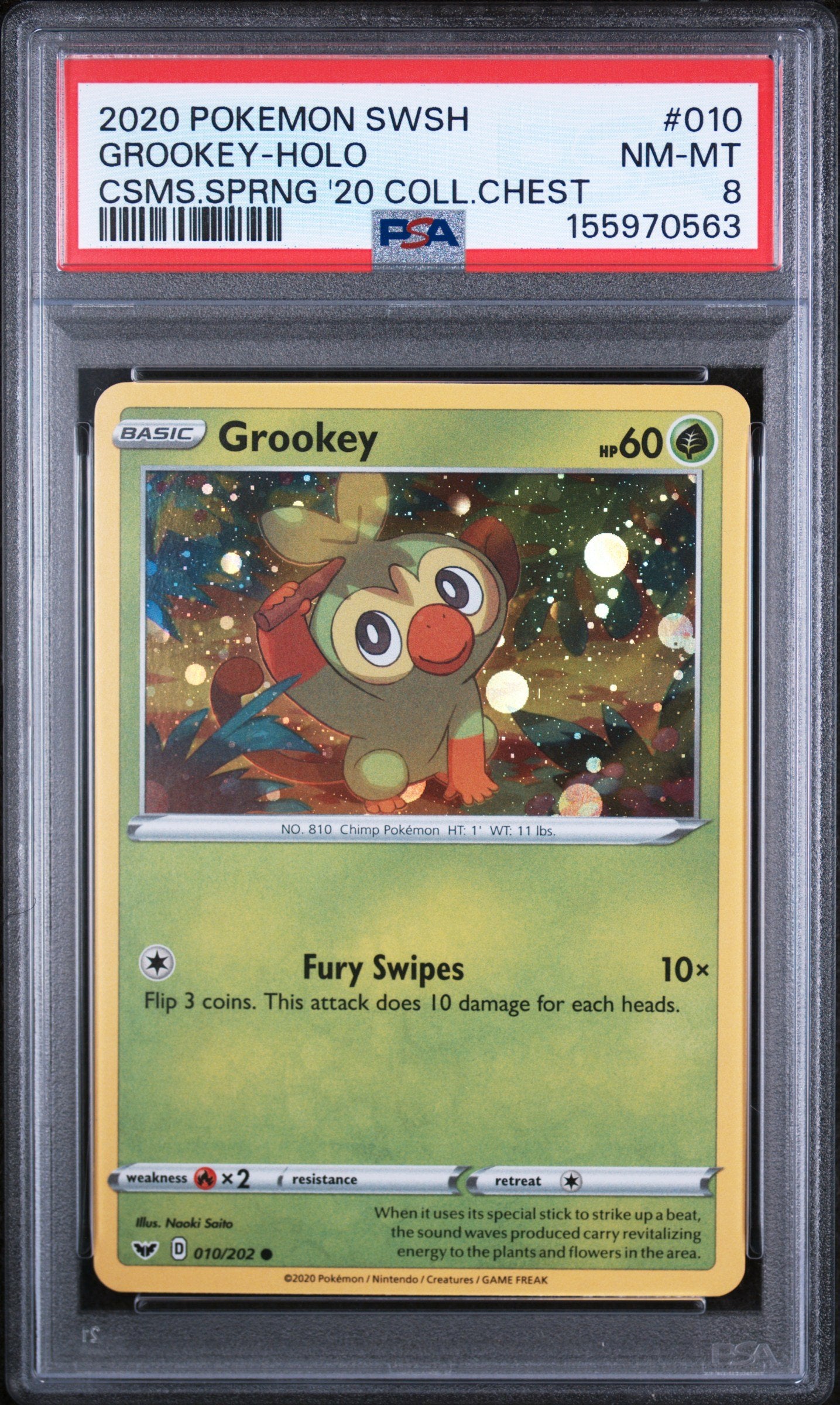 Graded 2020 Pokemon Sword & Shield Grookey-Holo #010 Trading Card Game PSA 8 Near Mint