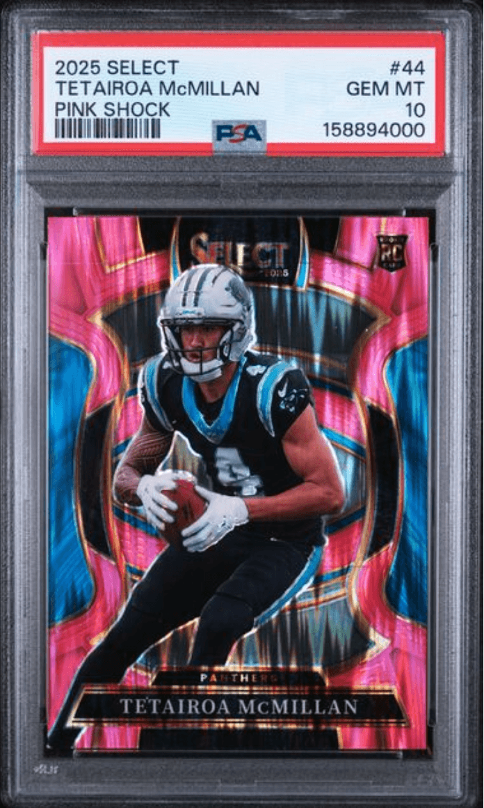 Graded 2025 Panini Select Tetairoa McMillan #44 Pink Shock Rookie RC Football Card PSA 10 Gem Mint