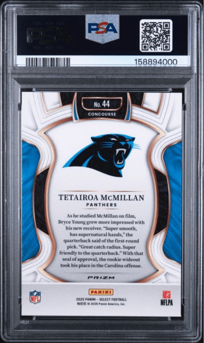 Graded 2025 Panini Select Tetairoa McMillan #44 Pink Shock Rookie RC Football Card PSA 10 Gem Mint