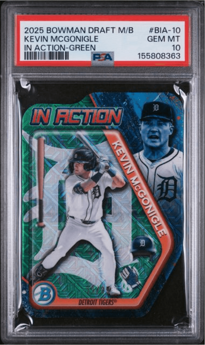 Graded 2025 Topps Bowman Draft Mega Box Kevin McGonigle #BIA10 In Action Green /99 Rookie RC Baseball Card PSA 10 Gem Mint