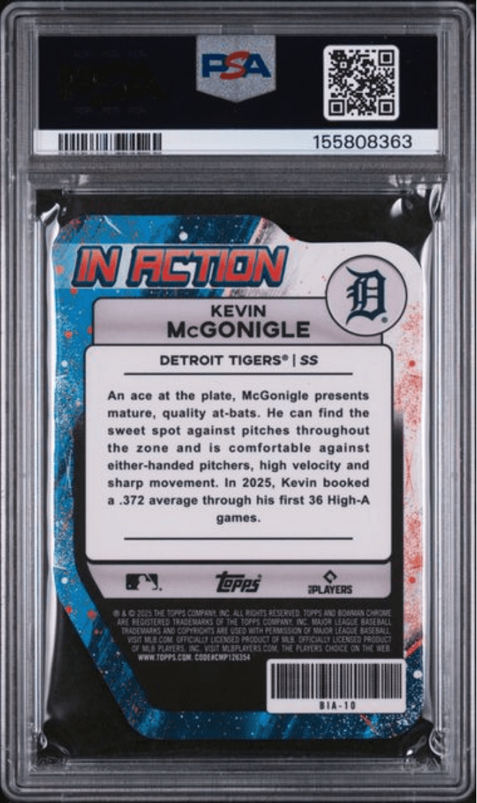 Graded 2025 Topps Bowman Draft Mega Box Kevin McGonigle #BIA10 In Action Green /99 Rookie RC Baseball Card PSA 10 Gem Mint