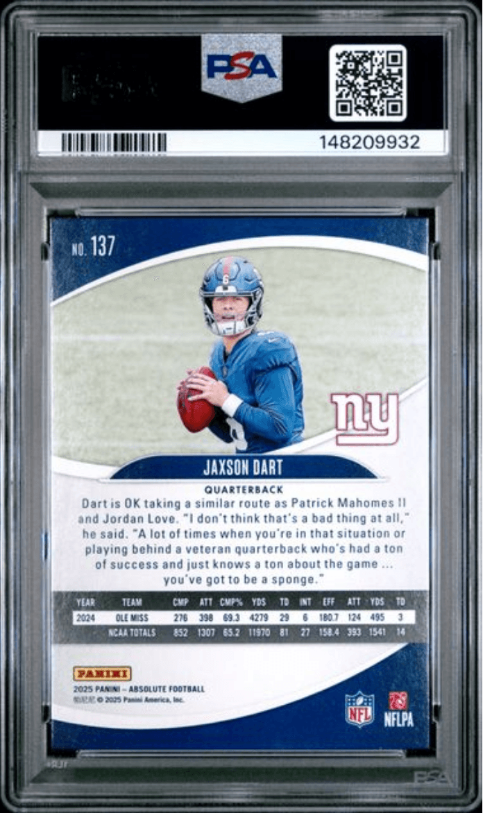 Graded 2025 Panini Absolute Jaxson Dart #137 Rookie RC Football Card PSA 9 Mint