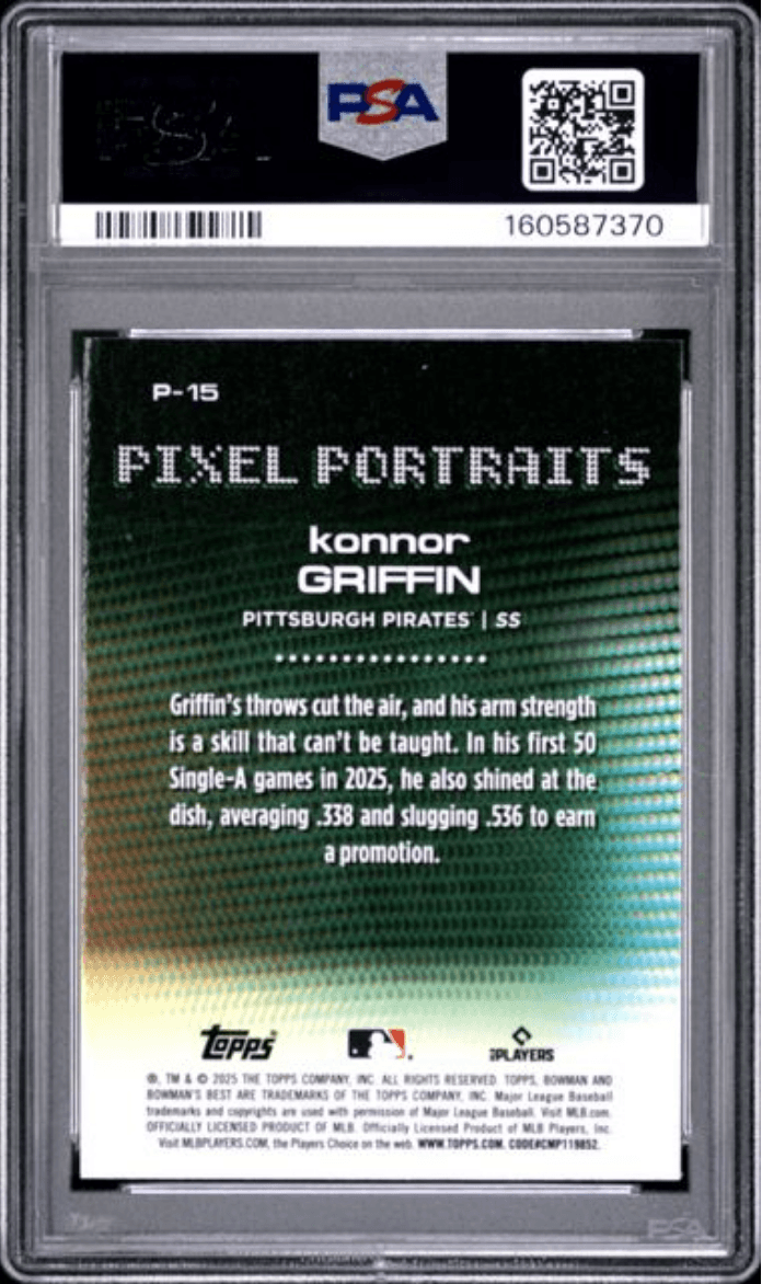 Graded 2025 Topps Bowmans Best Konnor Griffin #P15 Pixel Portraits Rookie RC Baseball Card PSA 10 Gem Mint
