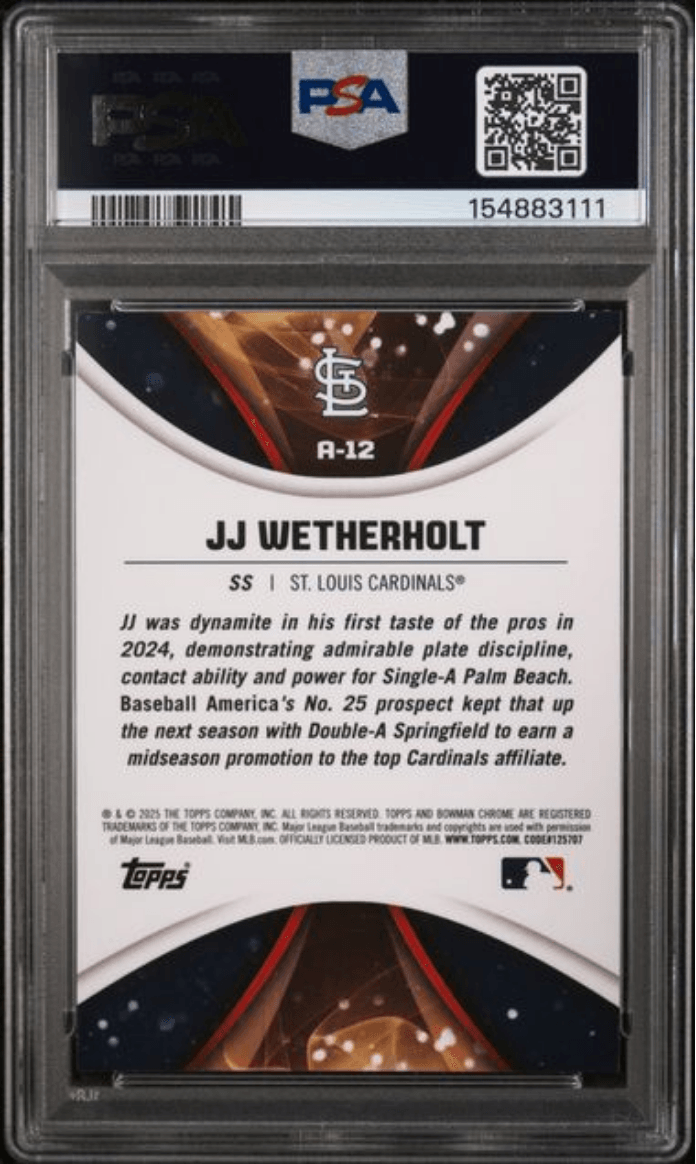 Graded 2025 Topps Bowman Draft JJ Wetherholt #A12 Axis Rookie RC Baseball Card PSA 9 Mint