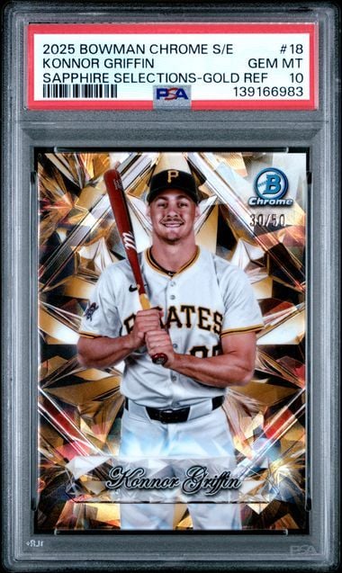 Graded 2025 Bowman Chrome Sapphire Konnor Griffin #18 Sapphire Selections Gold Refractor /50 Rookie RC Baseball Card PSA 10 Gem Mint