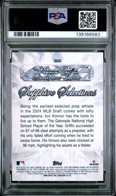 Graded 2025 Bowman Chrome Sapphire Konnor Griffin #18 Sapphire Selections Gold Refractor /50 Rookie RC Baseball Card PSA 10 Gem Mint