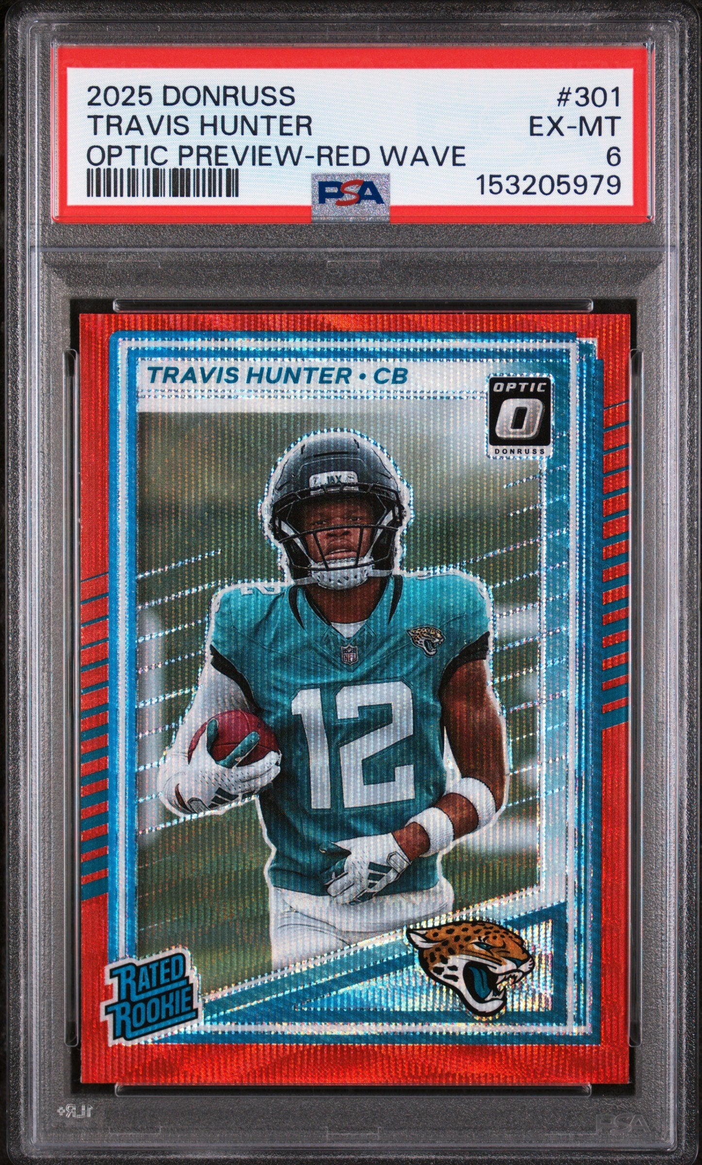 Graded 2025 Panini Donruss Travis Hunter #301 Optic Preview Red Wave Rookie RC Football Card PSA 6 Excellent