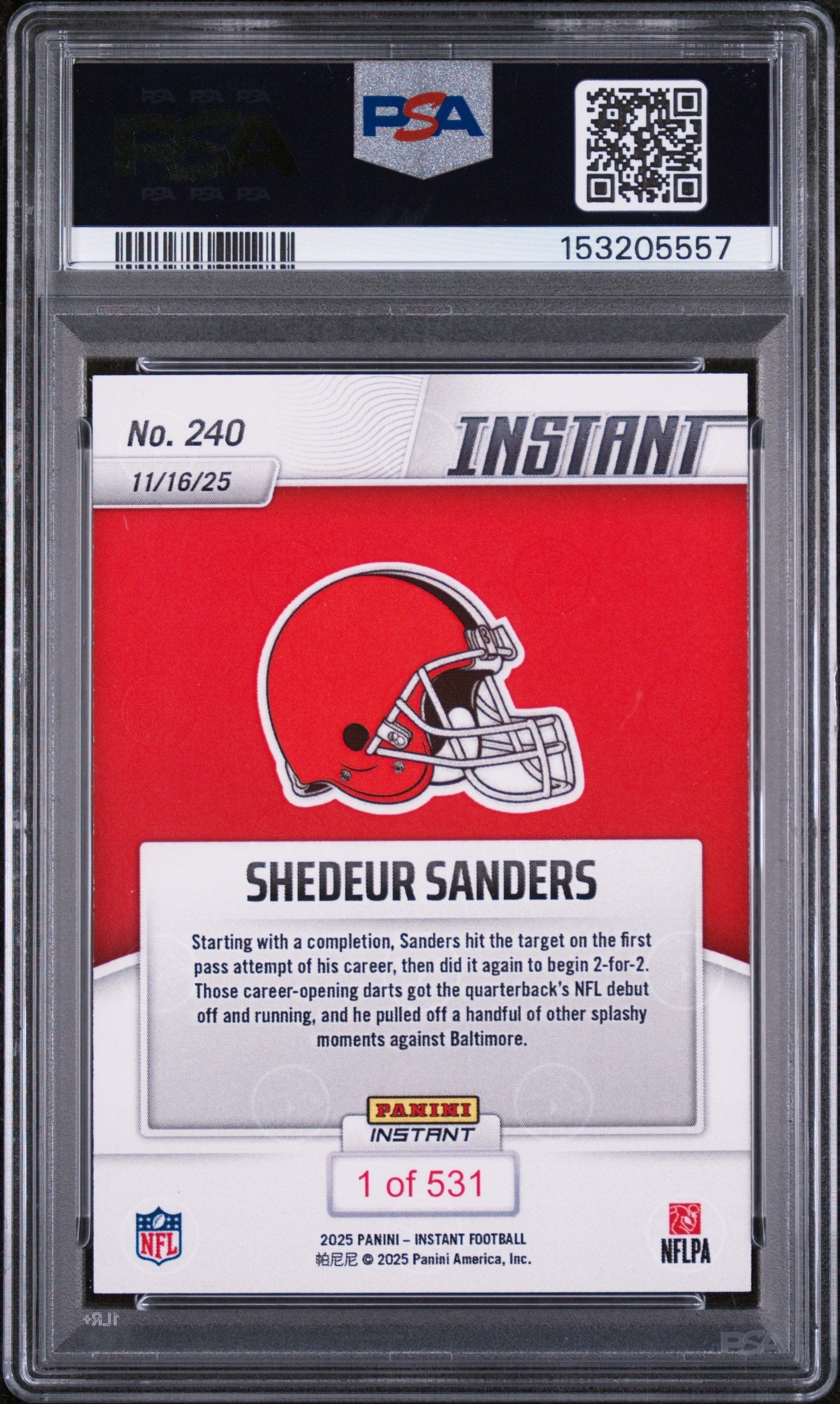 Graded 2025 Panini Instant Shedeur Sanders #240 Rookie RC Football Card PSA 9 Mint