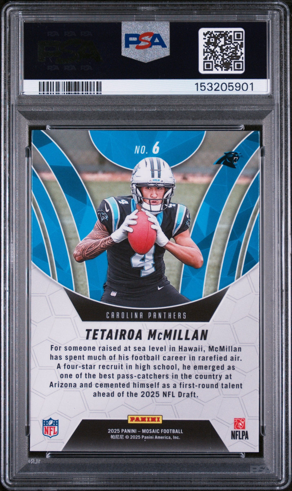 Graded 2025 Panini Mosaic Tetairoa McMillan #6 Elevate Rookie RC Football Card PSA 10 Gem Mint