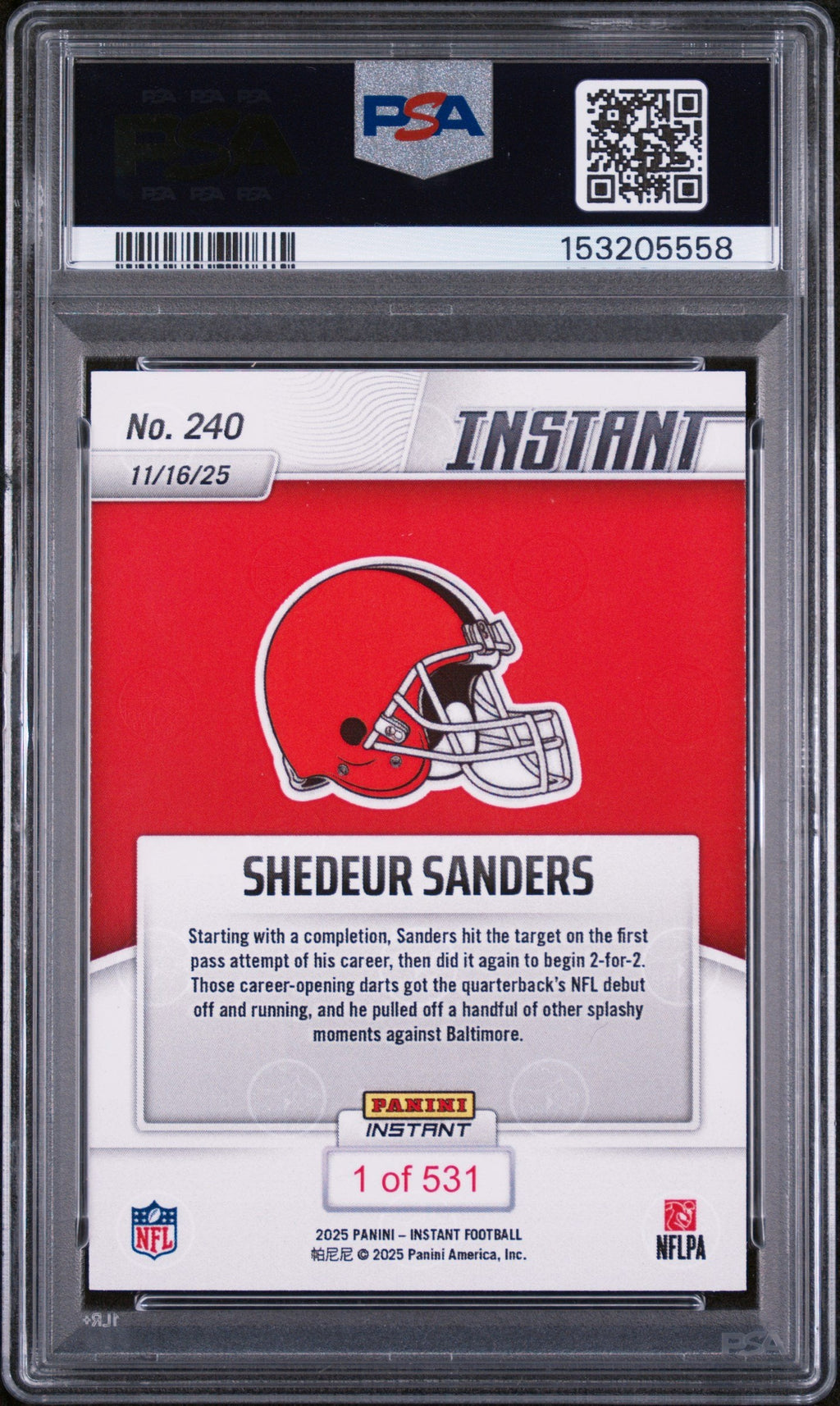Graded 2025 Panini Instant Shedeur Sanders #240 Rookie RC Football Card PSA 10 Gem Mint