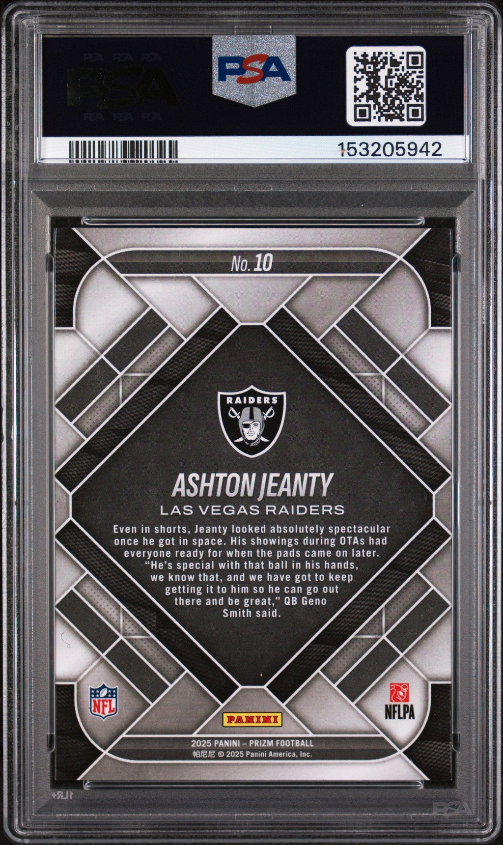 Graded 2025 Panini Prizm Ashton Jeanty #10 Emergent Rookie RC Football Card PSA 9