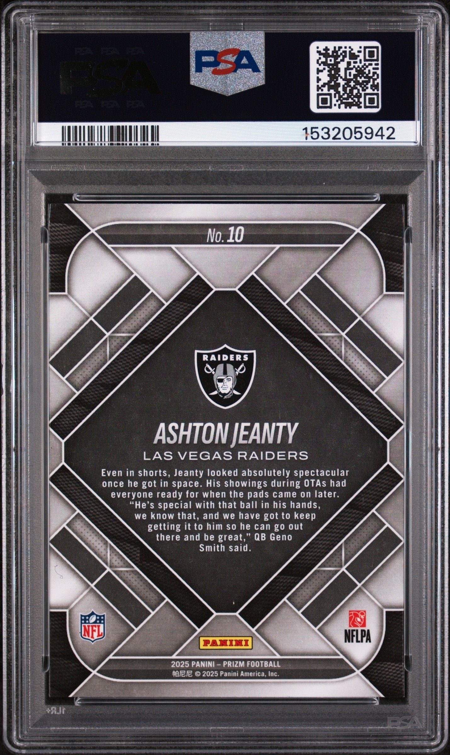 Graded 2025 Panini Prizm Ashton Jeanty #10 Emergent Rookie RC Football Card PSA 9