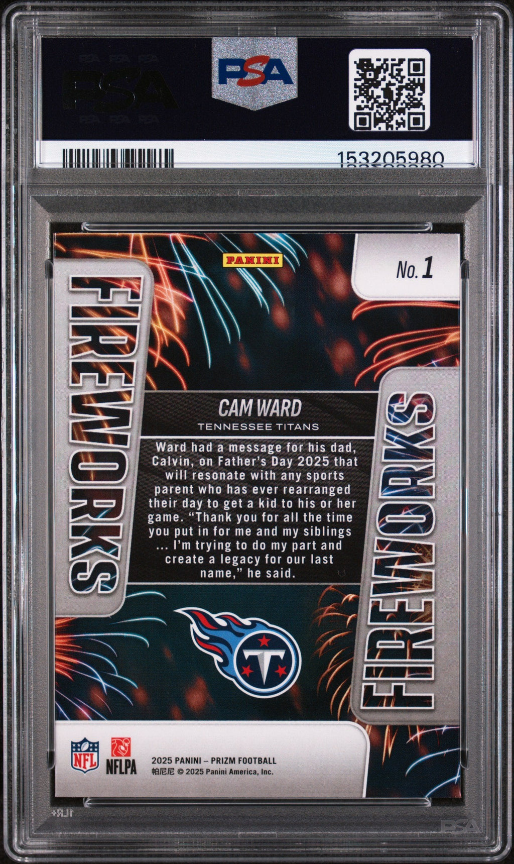 Graded 2025 Panini Prizm Cam Ward #1 Fireworks Rookie RC Football Card PSA 9 Mint