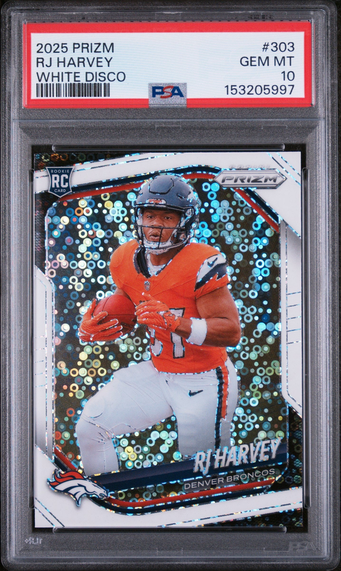 Graded 2025 Panini Prizm RJ Harvey #303 White Disco Rookie RC Football Card PSA 10 Gem Mint