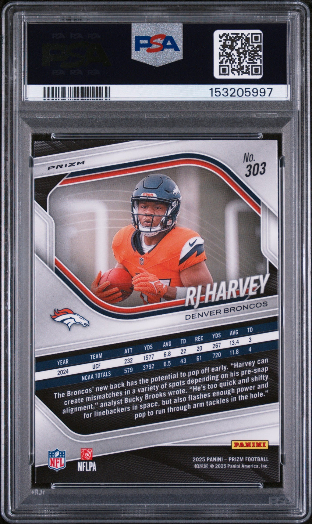 Graded 2025 Panini Prizm RJ Harvey #303 White Disco Rookie RC Football Card PSA 10 Gem Mint