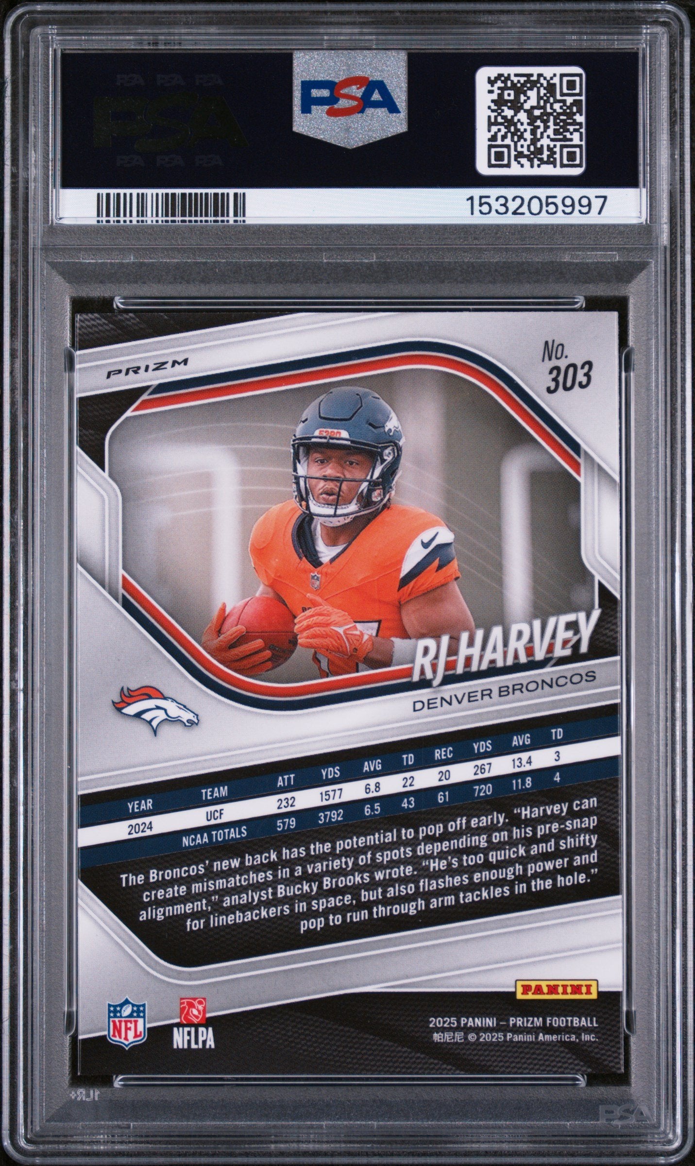 Graded 2025 Panini Prizm RJ Harvey #303 White Disco Rookie RC Football Card PSA 10 Gem Mint