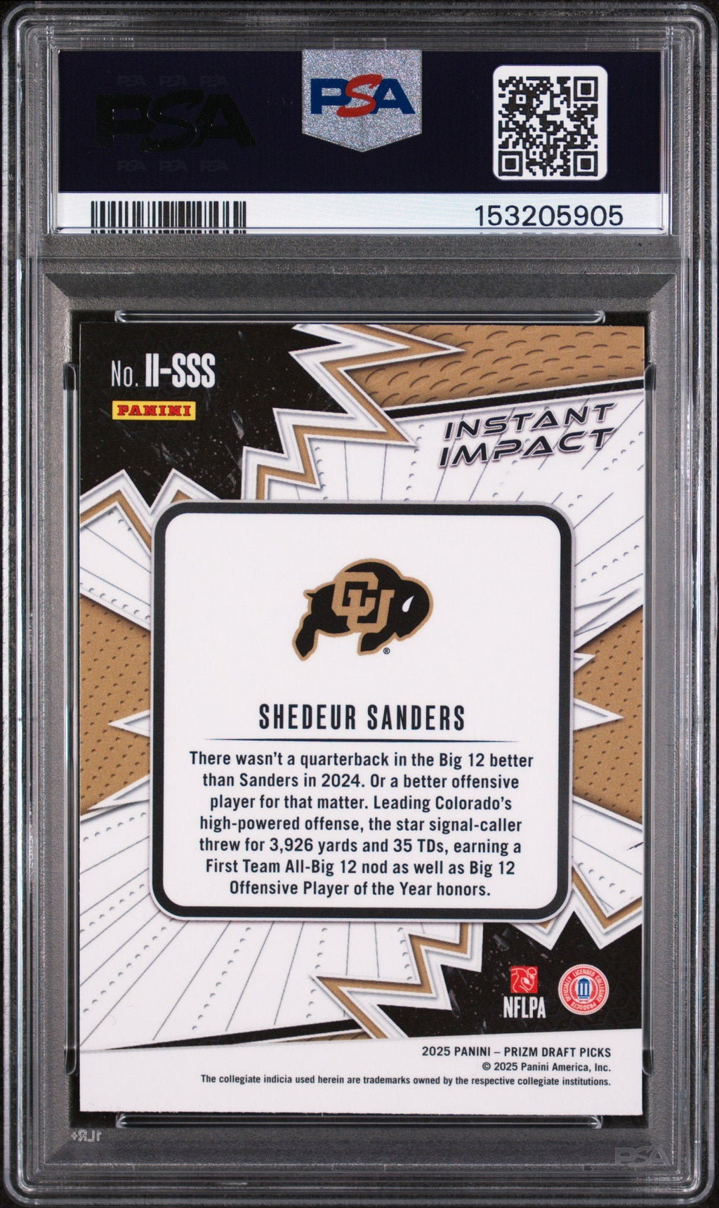 Graded 2025 Panini Prizm Draft Picks Shedeur Sanders #II-SSS Instant Impact Rookie RC Football Card PSA 9 Mint