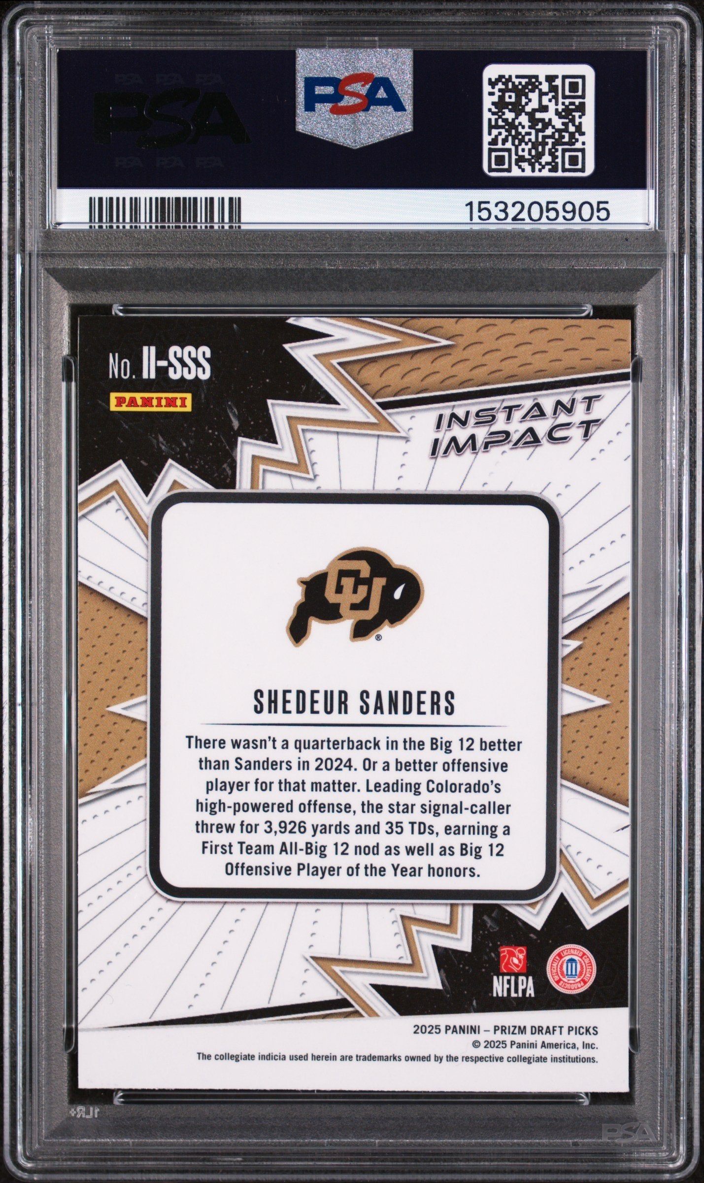 Graded 2025 Panini Prizm Draft Picks Shedeur Sanders #II-SSS Instant Impact Rookie RC Football Card PSA 9 Mint