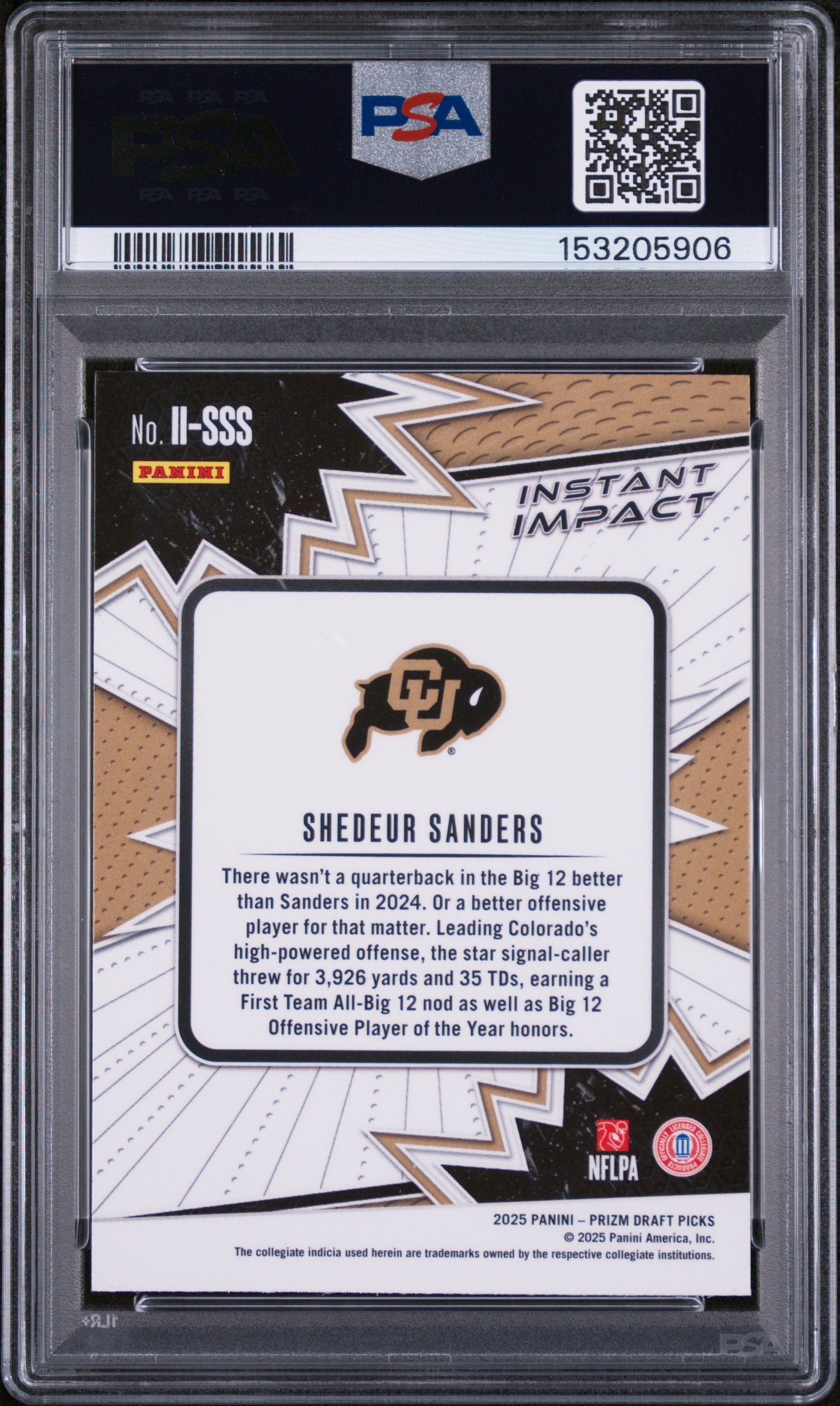 Graded 2025 Panini Prizm Draft Picks Shedeur Sanders #II-SSS Instant Impact Rookie RC Football Card PSA 10 Gem Mint