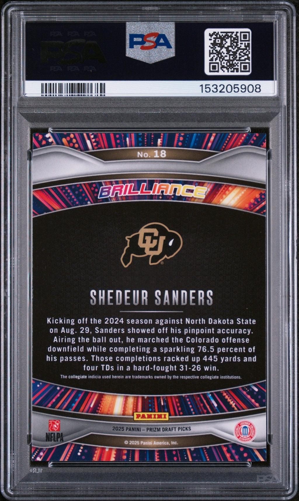 Graded 2025 Panini Prizm Draft Picks Shedeur Sanders #18 Brilliance Rookie RC Football Card PSA 10 Gem Mint