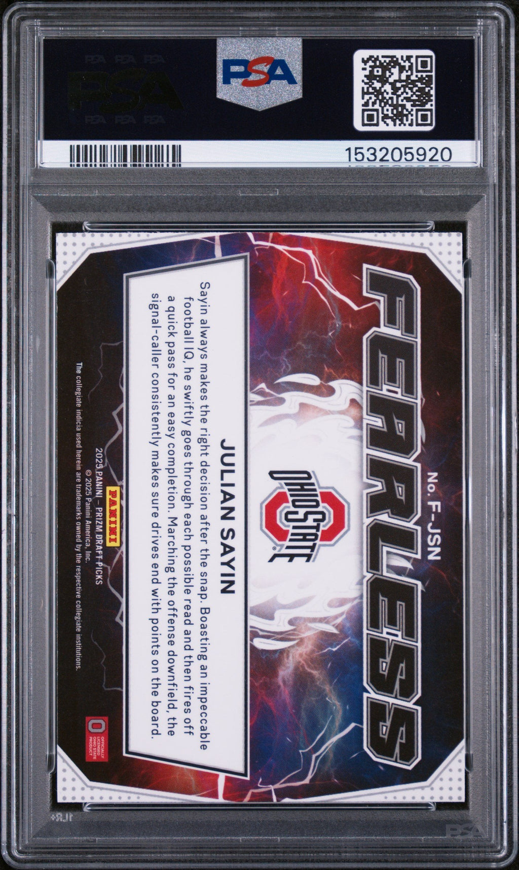 Graded 2025 Panini Prizm Draft Picks Julian Sayin #F-JSN Fearless Rookie RC Football Card PSA 10 Gem Mint