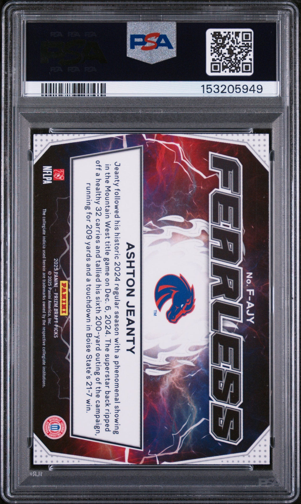 Graded 2025 Panini Prizm Draft Picks Ashton Jeanty #F-AJY Fearless Rookie RC Football Card PSA 10 Gem Mint