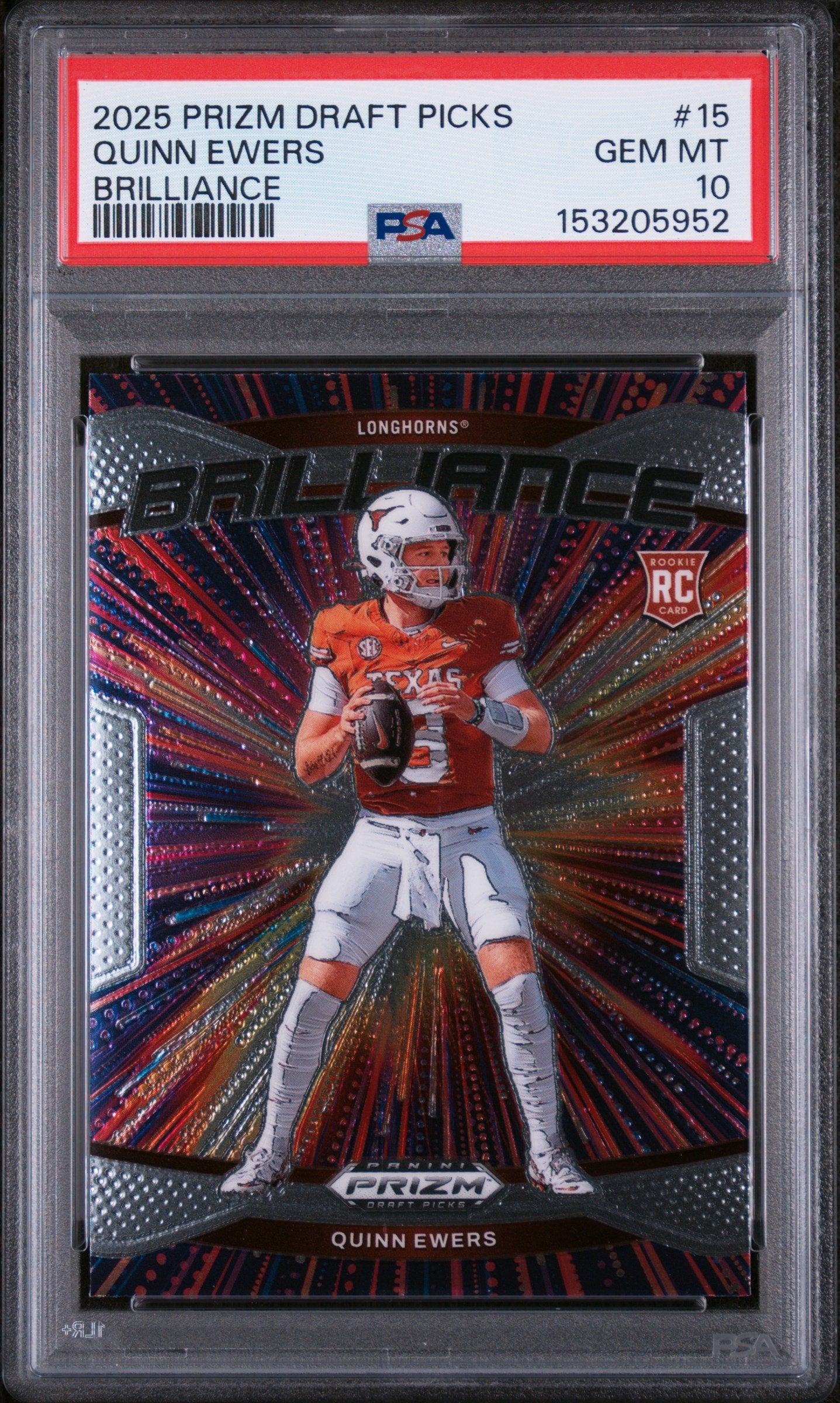 Graded 2025 Panini Prizm Draft Picks Quinn Ewers #15 Brilliance Rookie RC Football Card PSA 10 Gem Mint