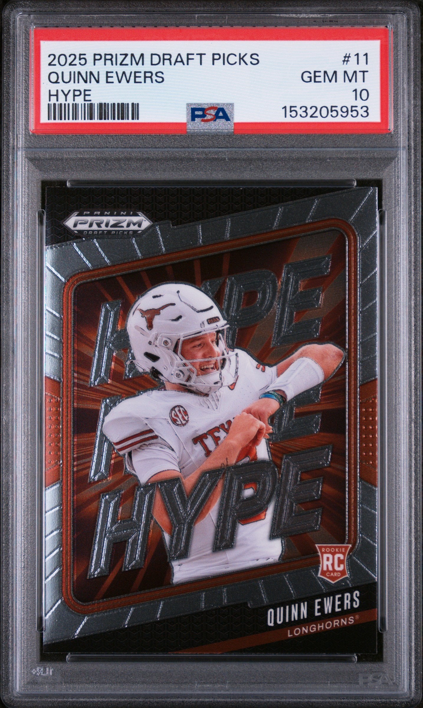 Graded 2025 Panini Prizm Draft Picks Quinn Ewers #11 Hype Rookie RC Football Card PSA 10 Gem Mint