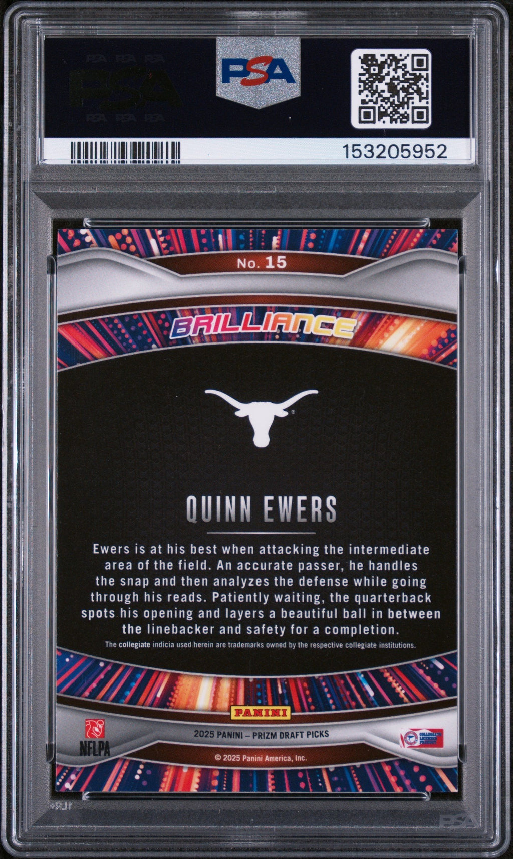 Graded 2025 Panini Prizm Draft Picks Quinn Ewers #15 Brilliance Rookie RC Football Card PSA 10 Gem Mint