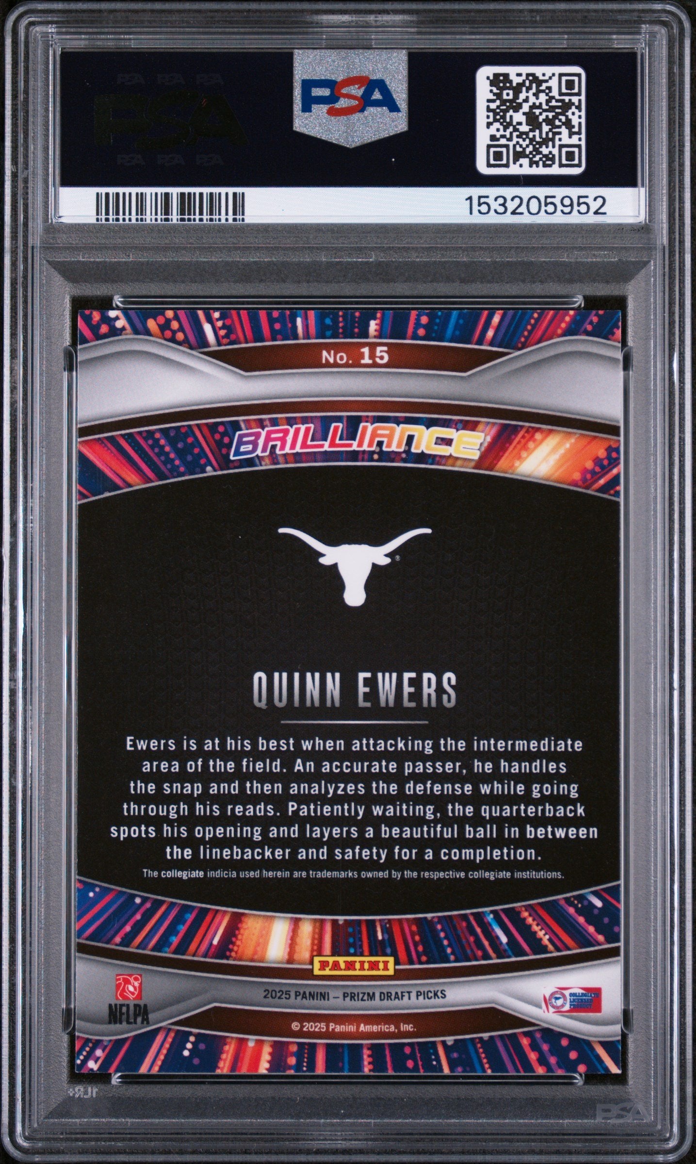 Graded 2025 Panini Prizm Draft Picks Quinn Ewers #15 Brilliance Rookie RC Football Card PSA 10 Gem Mint