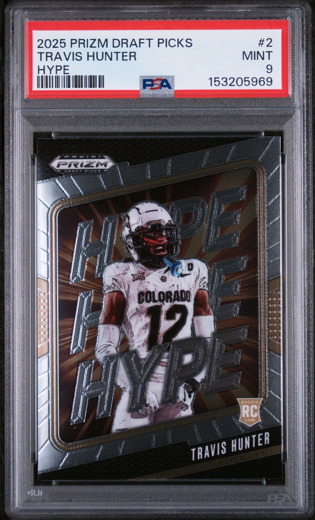Graded 2025 Panini Prizm Draft Picks Travis Hunter #2 Hype Rookie RC Football Card PSA 9 Mint