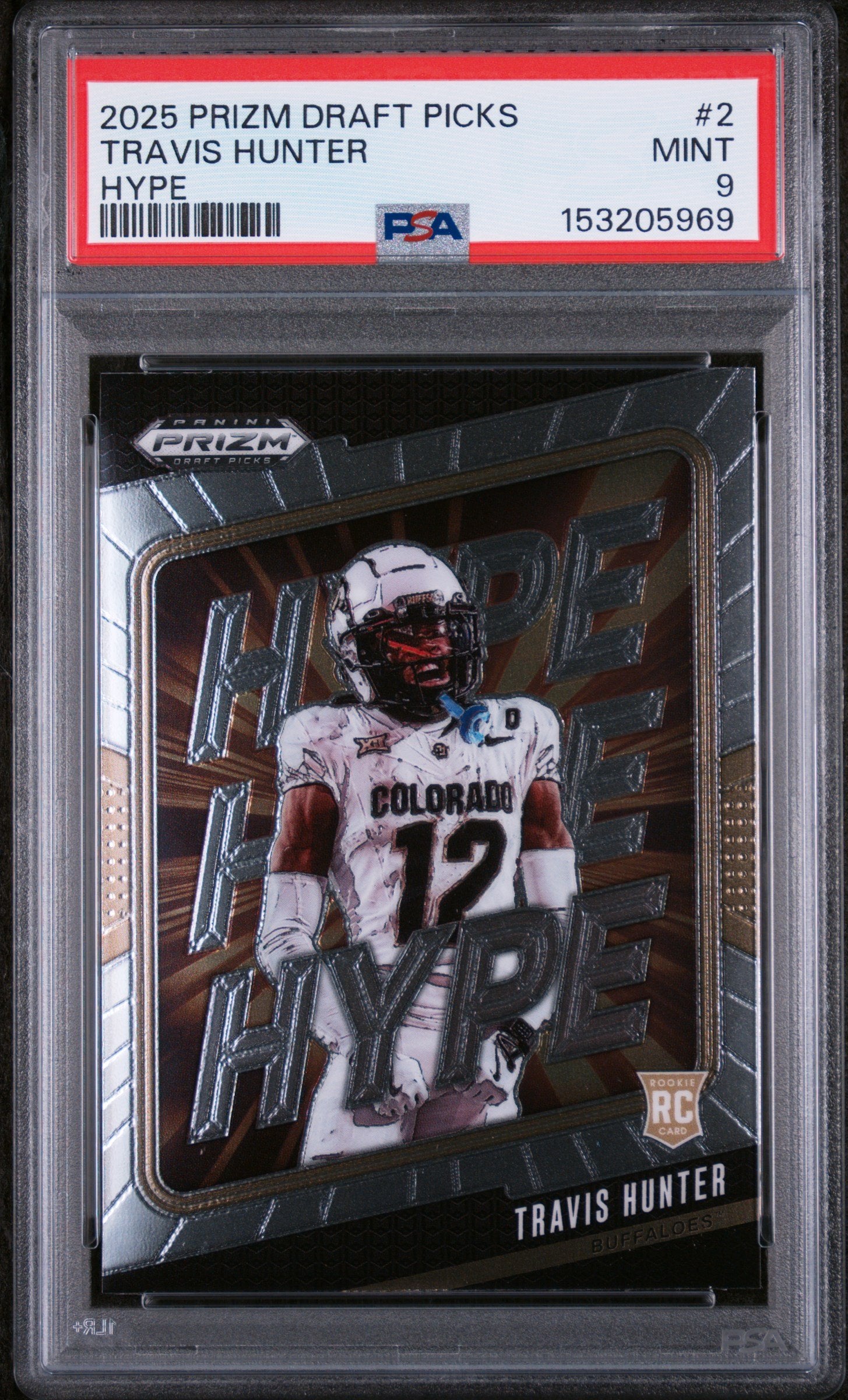 Graded 2025 Panini Prizm Draft Picks Travis Hunter #2 Hype Rookie RC Football Card PSA 9 Mint