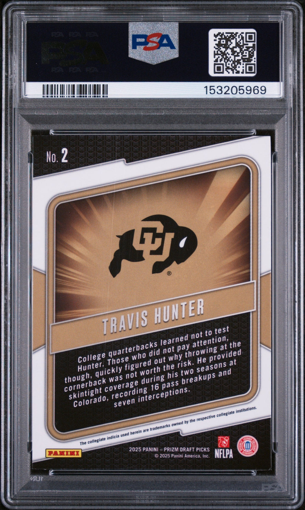 Graded 2025 Panini Prizm Draft Picks Travis Hunter #2 Hype Rookie RC Football Card PSA 9 Mint