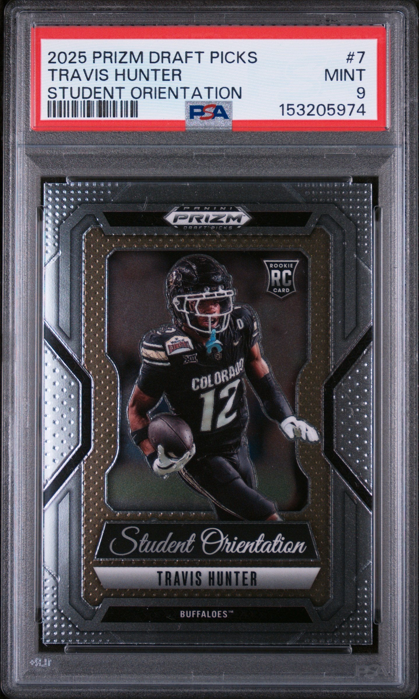 Graded 2025 Panini Prizm Draft Picks Travis Hunter #7 Student Orientation Rookie RC Football Card PSA 9 Mint