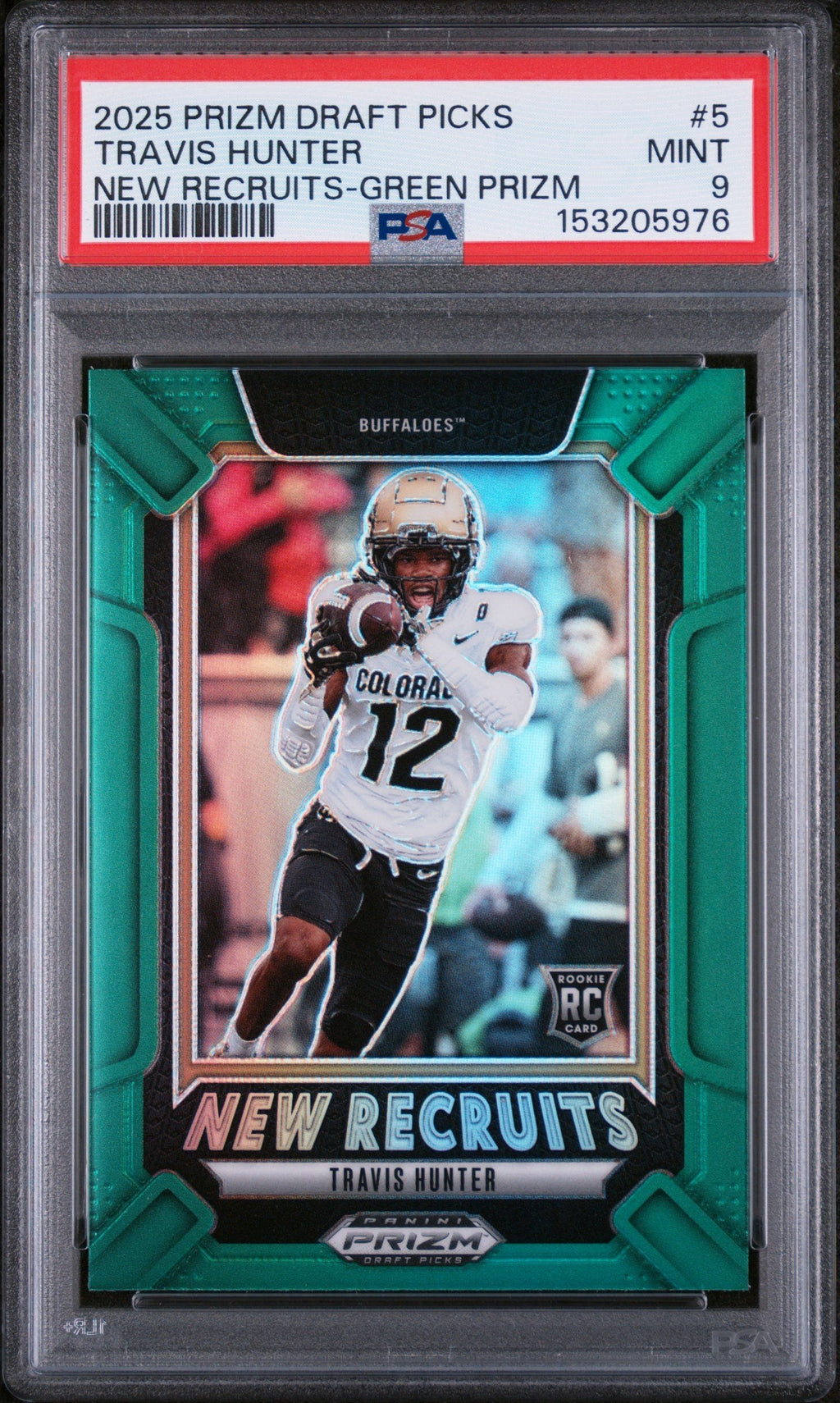 Graded 2025 Panini Prizm Draft Picks Travis Hunter #5 New Recruits Green Rookie RC Football Card PSA 9 Mint