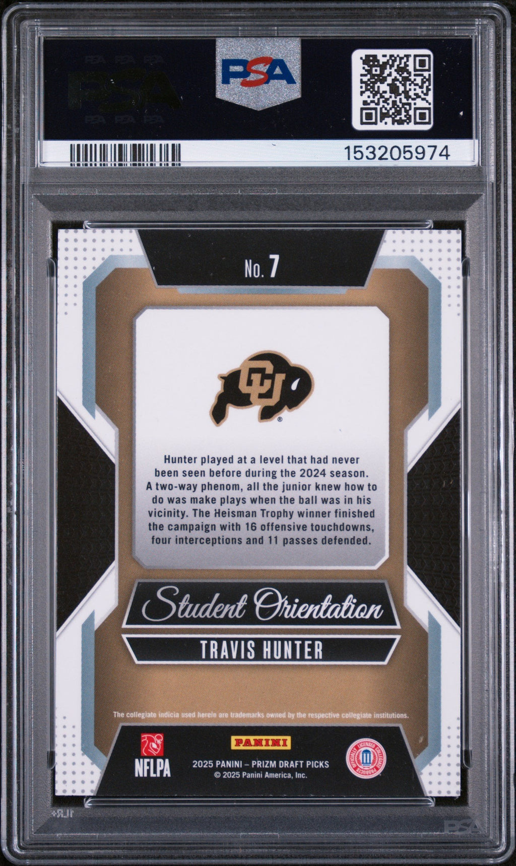 Graded 2025 Panini Prizm Draft Picks Travis Hunter #7 Student Orientation Rookie RC Football Card PSA 9 Mint