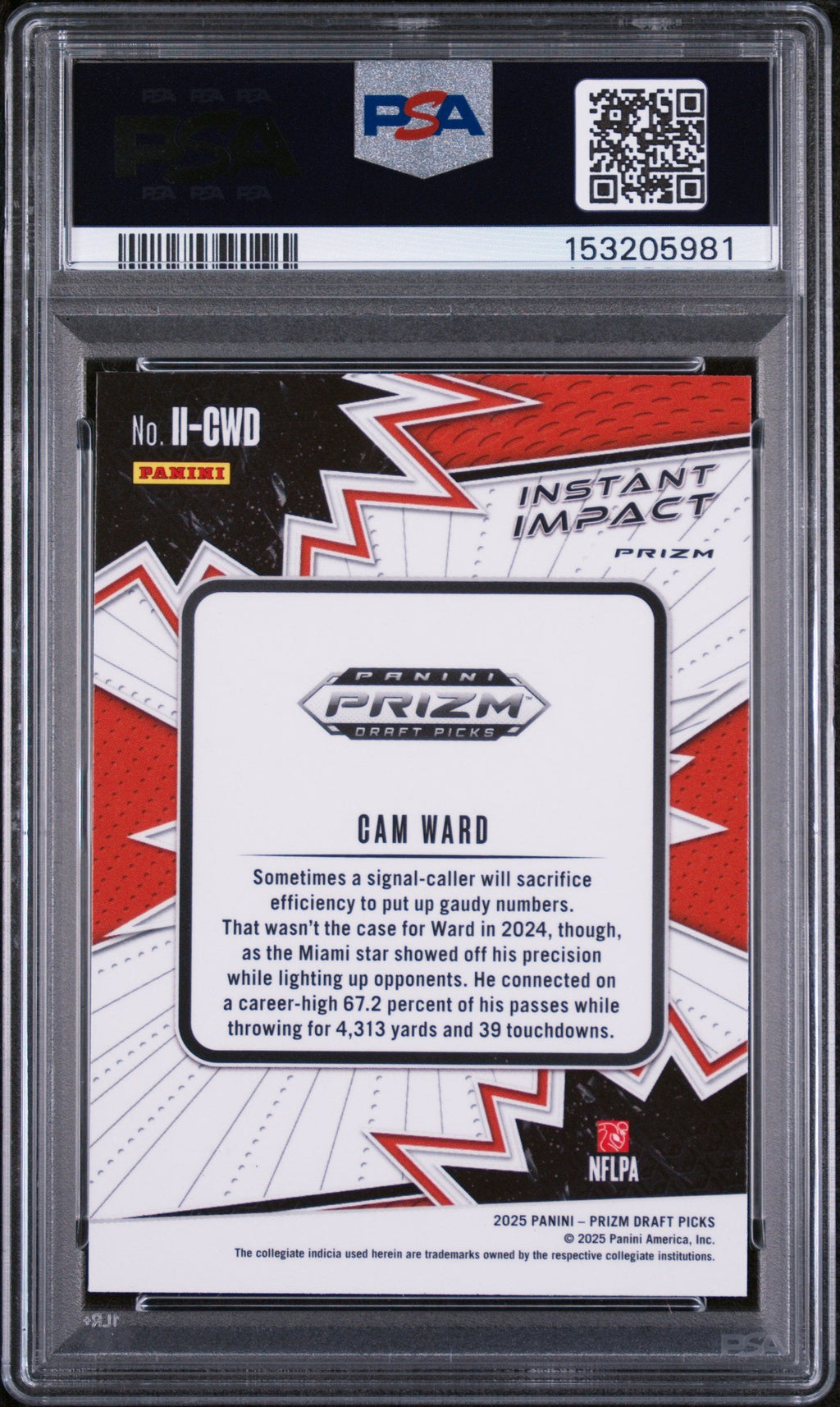 Graded 2025 Panini Prizm Draft Picks Cam Ward #IICWD Instant Impact Green Rookie RC Football Card PSA 10 Gem Mint