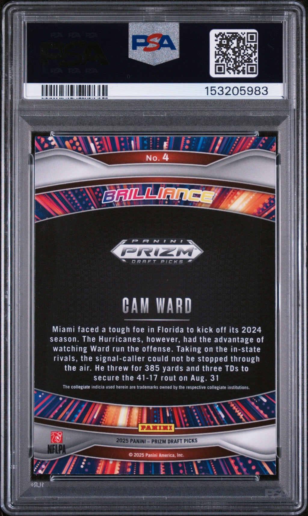 Graded 2025 Panini Prizm Draft Picks Cam Ward #4 Brilliance Rookie RC Football Card PSA 10 Gem Mint