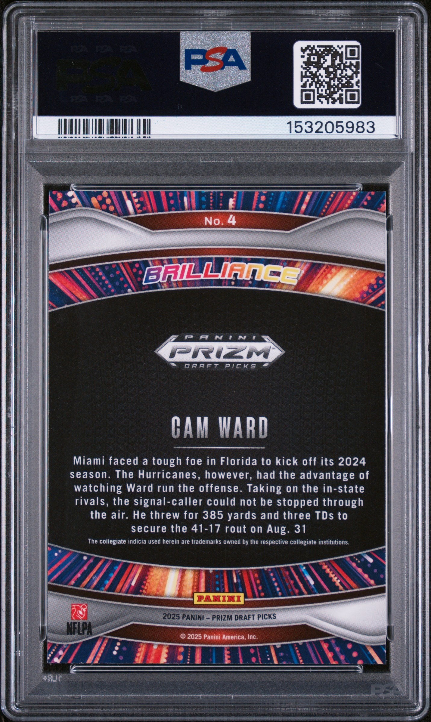 Graded 2025 Panini Prizm Draft Picks Cam Ward #4 Brilliance Rookie RC Football Card PSA 10 Gem Mint