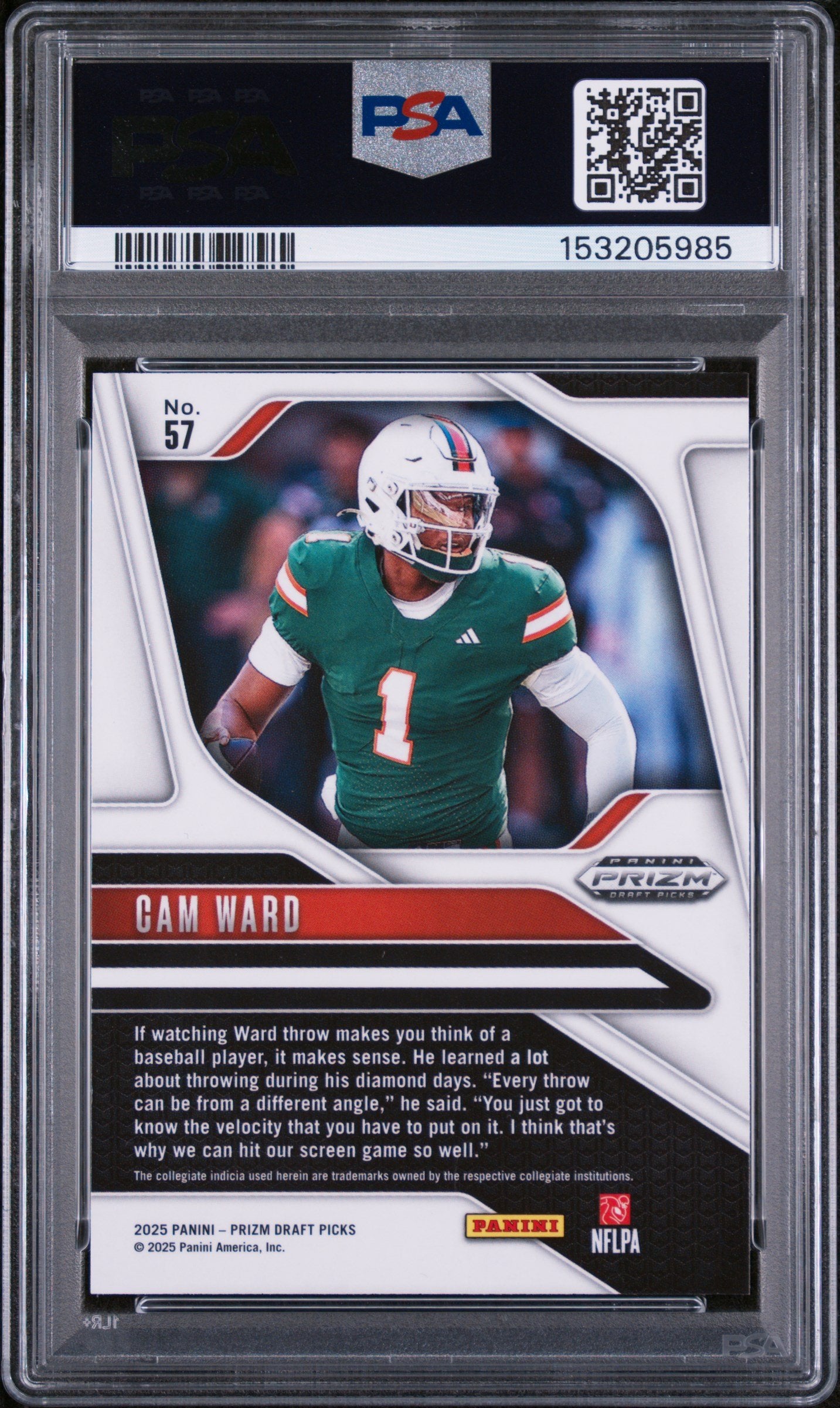 Graded 2025 Panini Prizm Draft Picks Cam Ward #57 Rookie RC Football Card PSA 10 Gem Mint