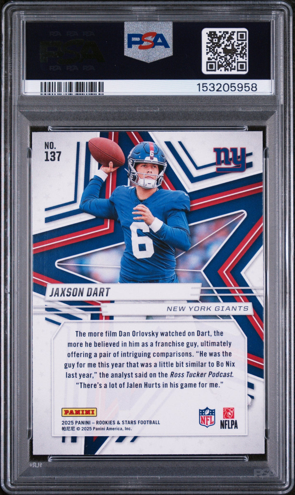 Graded 2025 Panini Rookies & Stars Jaxson Dart #137 Rookie RC Football Card PSA 10 Gem Mint