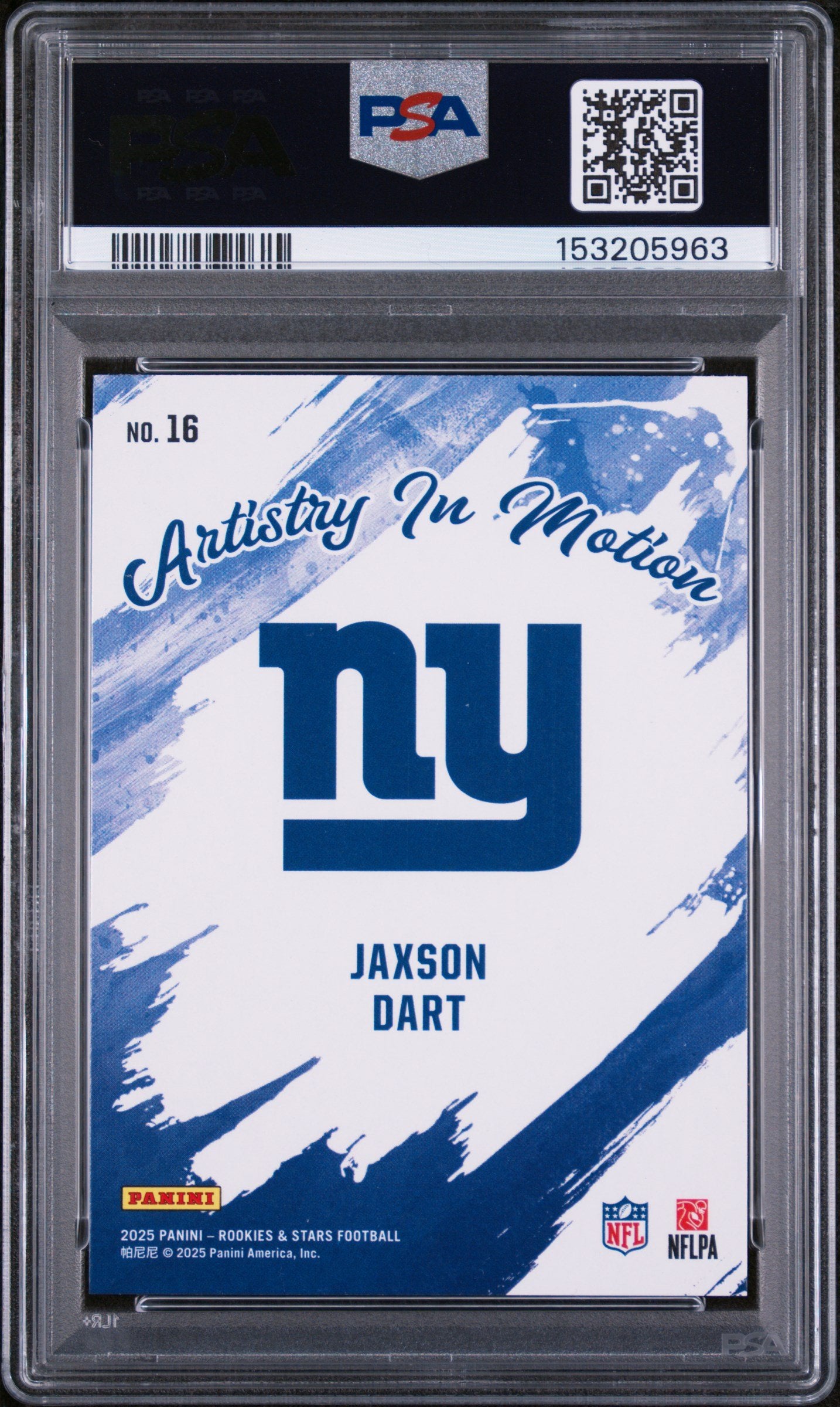 Graded 2025 Panini Rookies & Stars Jaxson Dart #16 Artistry in Motion Rookie RC Football Card PSA 10 Gem Mint