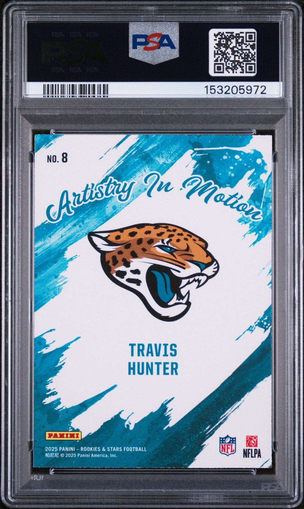 Graded 2025 Panini Rookies & Stars Travis Hunter #8 Artistry in Motion Rookie RC Football Card PSA 10 Gem Mint