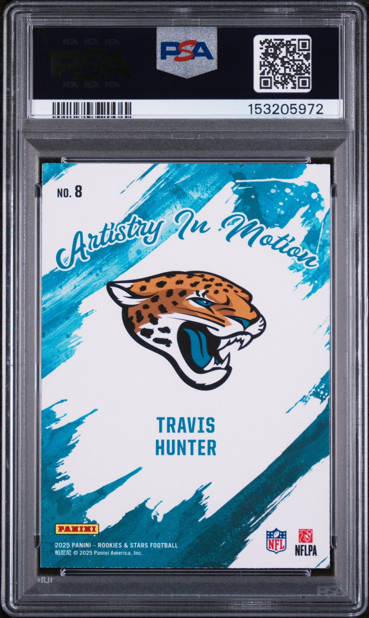 Graded 2025 Panini Rookies & Stars Travis Hunter #8 Artistry in Motion Rookie RC Football Card PSA 10 Gem Mint