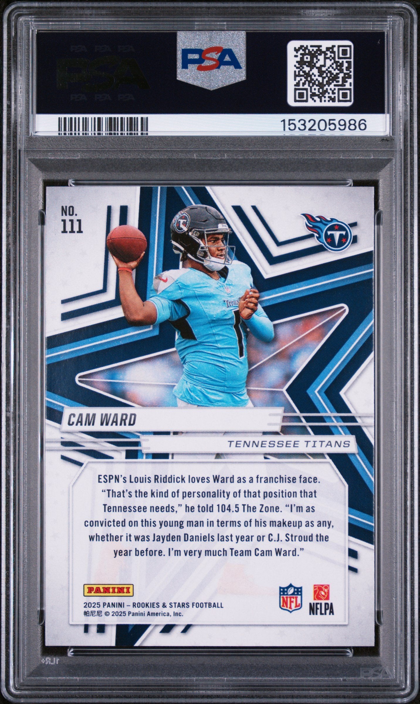 Graded 2025 Panini Rookies & Stars Cam Ward #111 Rookie RC Football Card PSA 10 Gem Mint