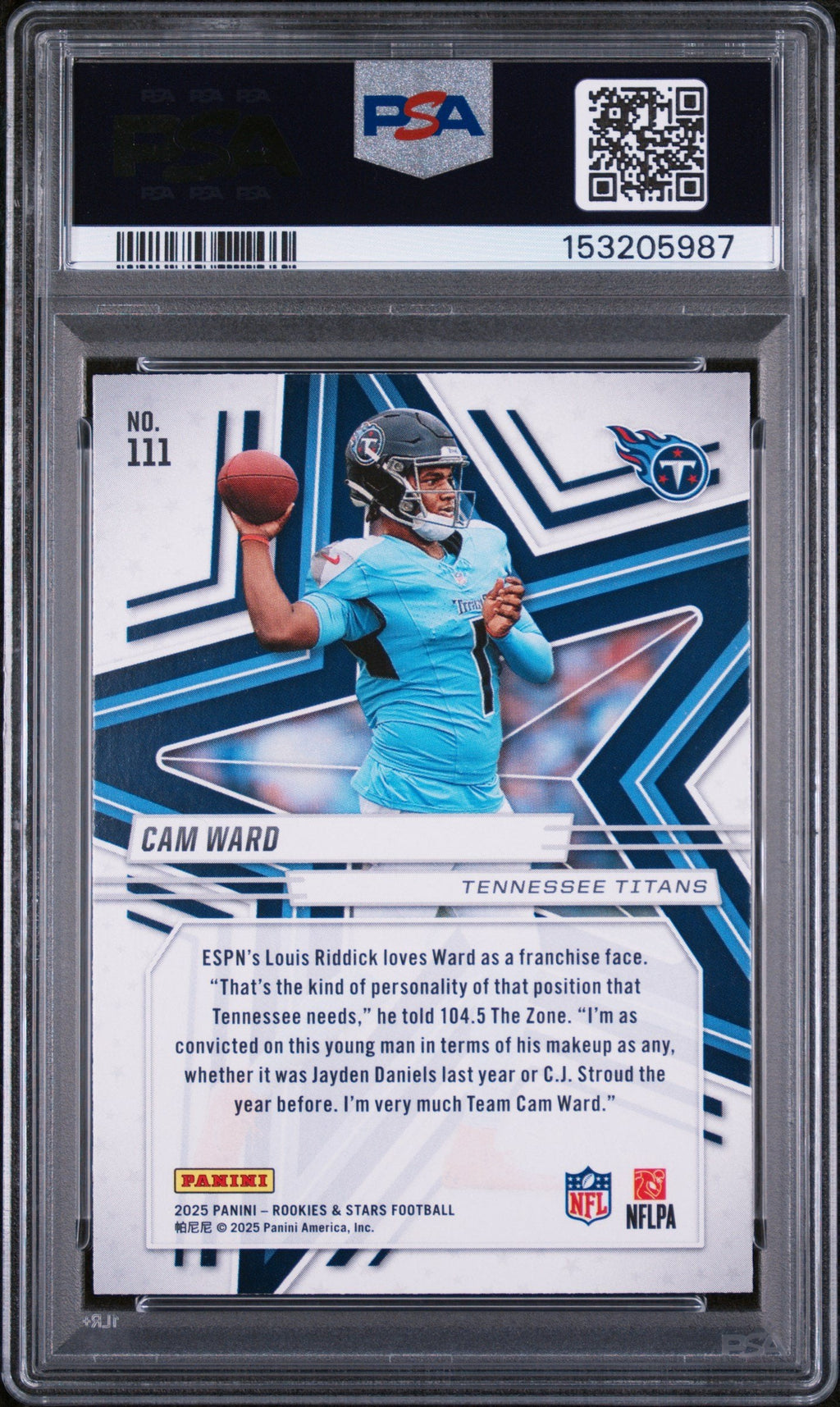 Graded 2025 Panini Rookies & Stars Cam Ward #111 Rookie RC Football Card PSA 9 Mint