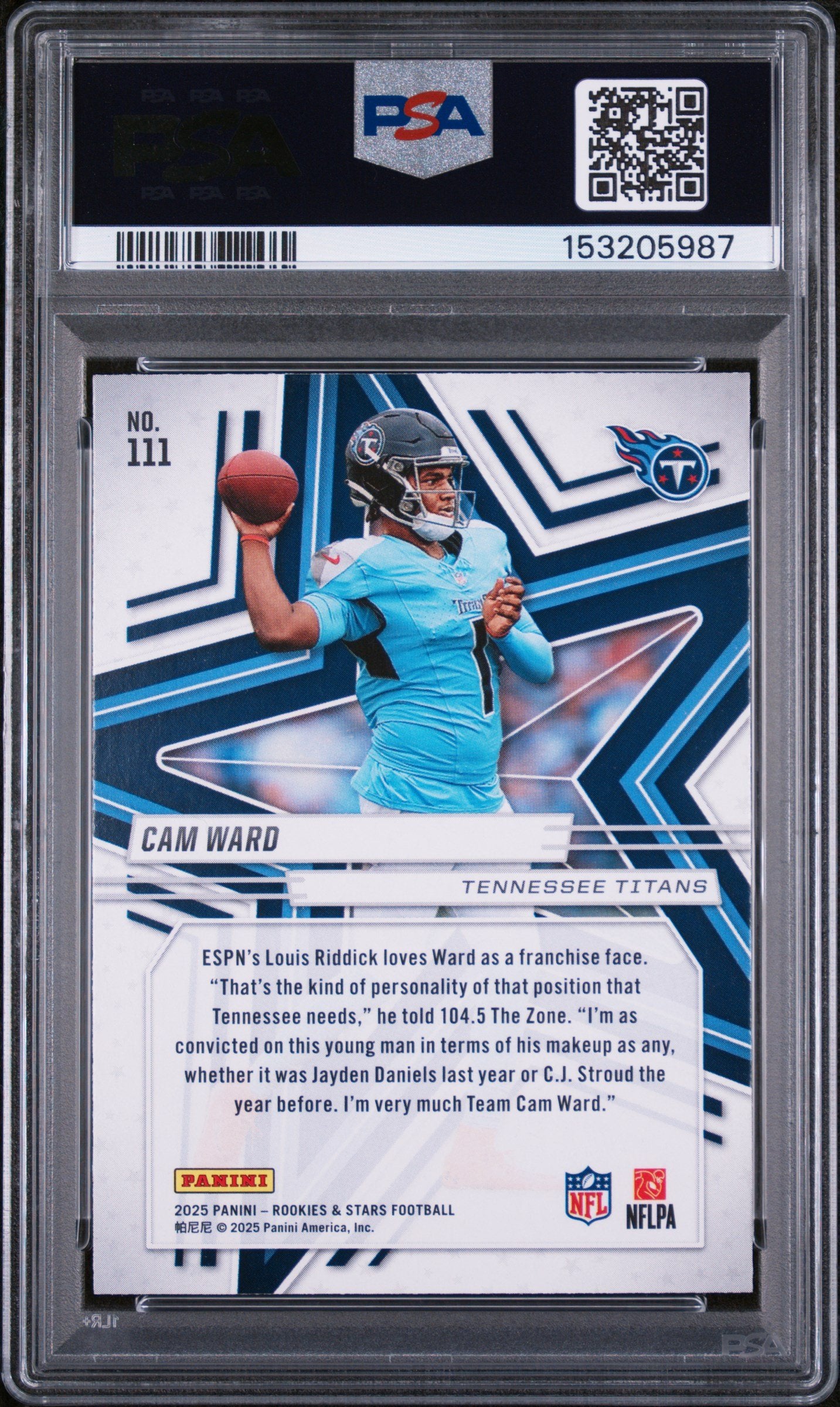 Graded 2025 Panini Rookies & Stars Cam Ward #111 Rookie RC Football Card PSA 9 Mint