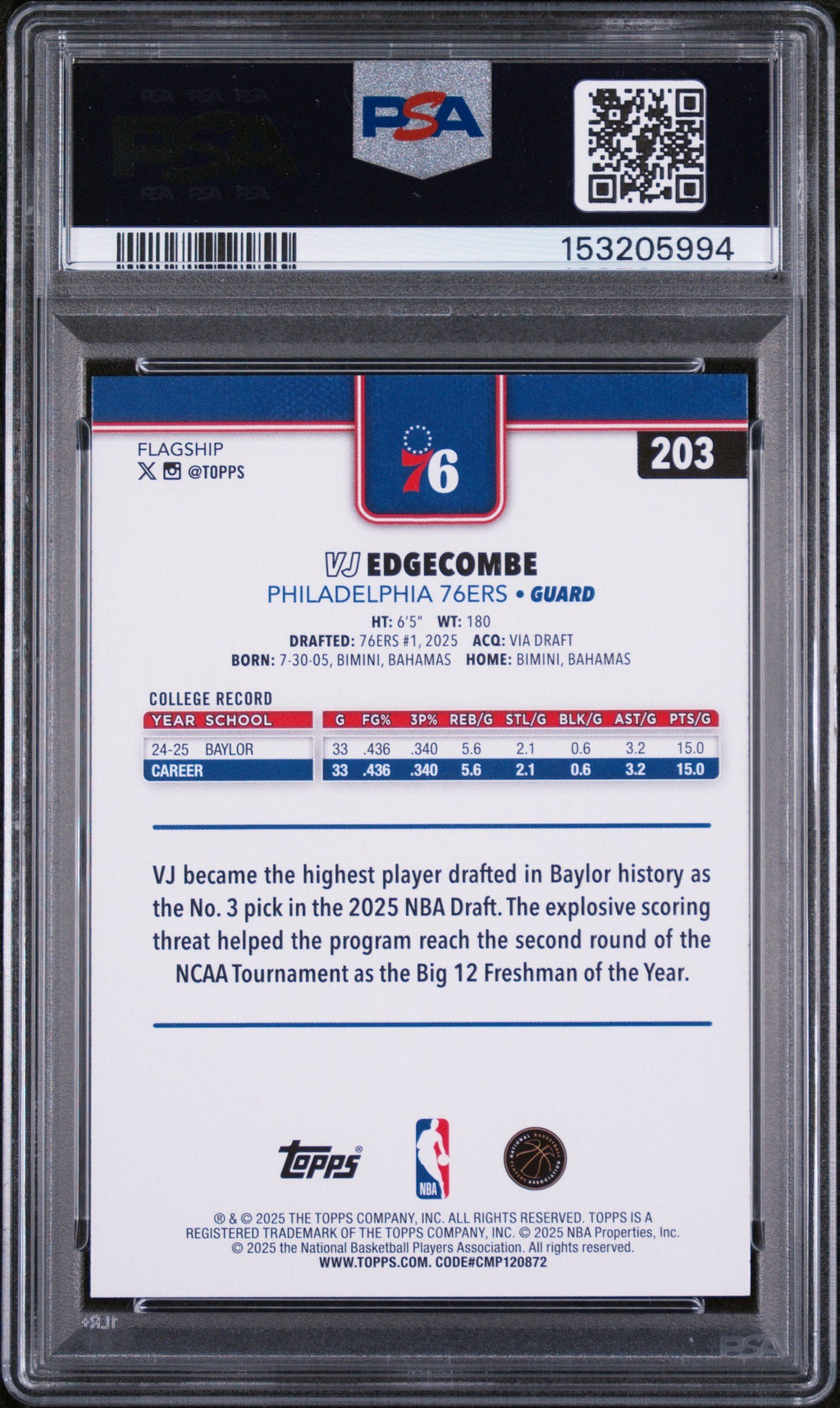Graded 2025 Topps VJ Edgecombe #203 Rookie RC Basketball Card PSA 9 Mint