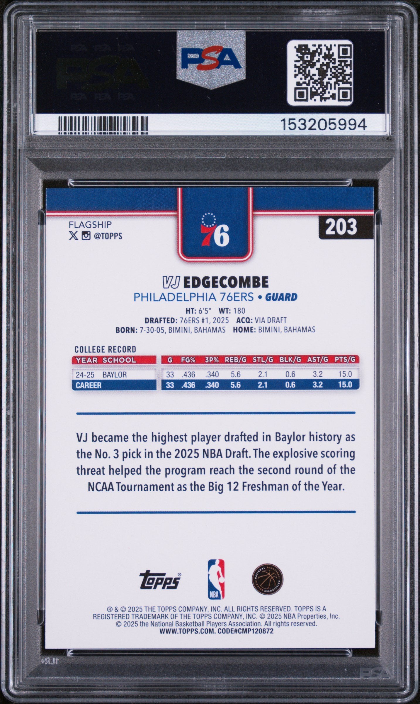 Graded 2025 Topps VJ Edgecombe #203 Rookie RC Basketball Card PSA 9 Mint